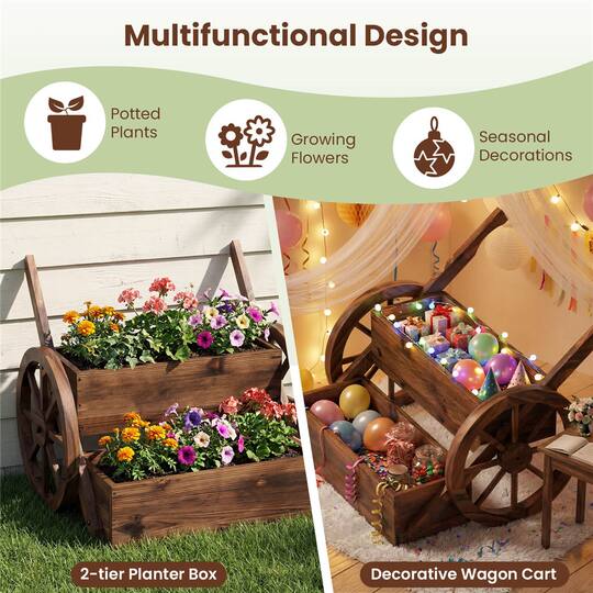 Costway 2-Tier Rustic Wood Wagon Planter with Wheels Handles & Drainage